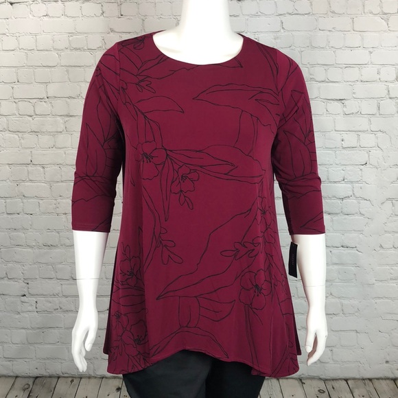 Alfani Tops - Alfani Cranberry & Black Floral 3/4 Sleeve Top 1X